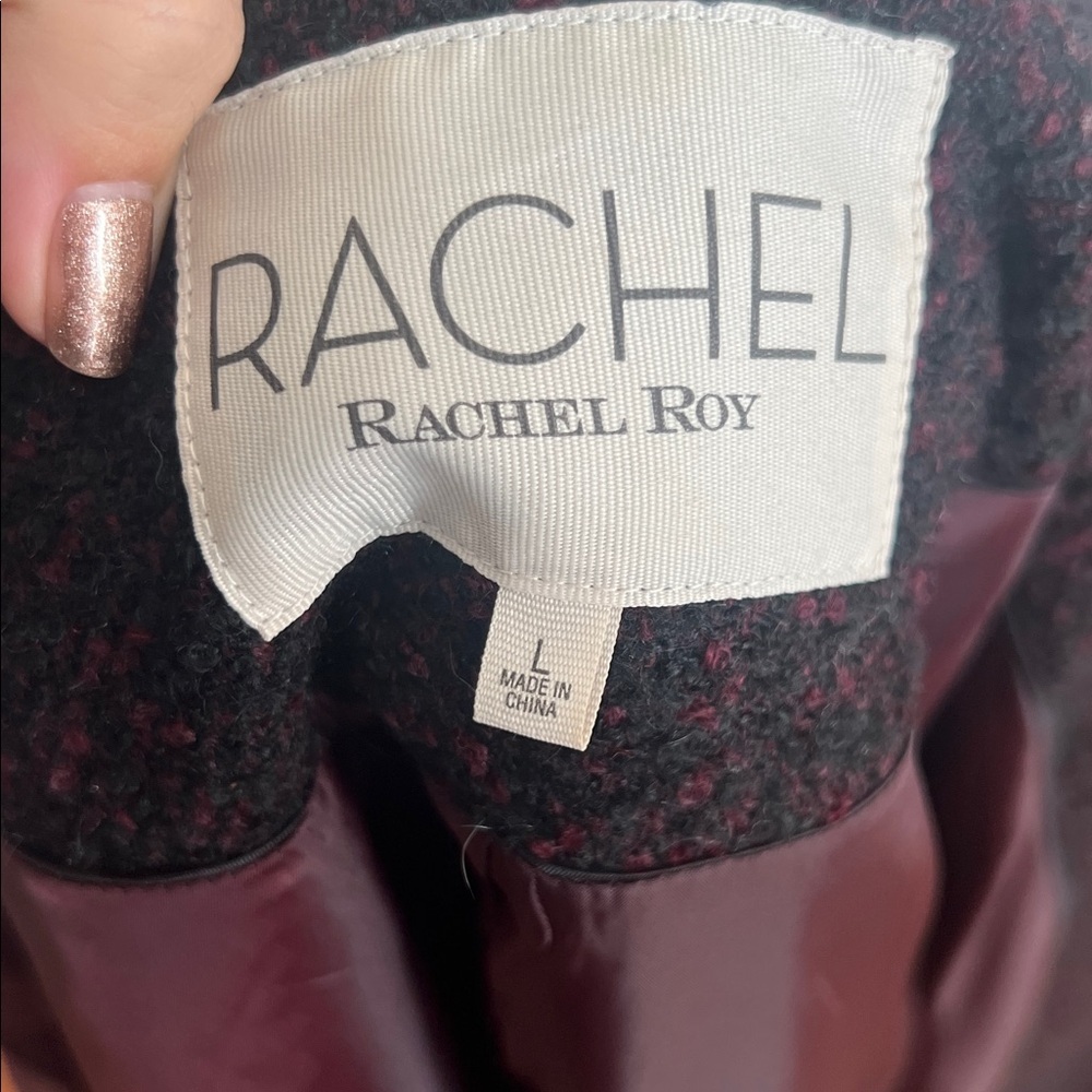 RACHEL Rachel Roy Burgundy/Black Bouclé Funnel Neck Wool Blend Zip Coat Size L - Picture 10 of 11